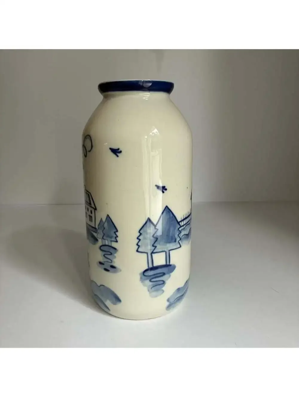 Vintage USSR Blue White Porcelain Vase Gzhel Style Russian Folk Art Village